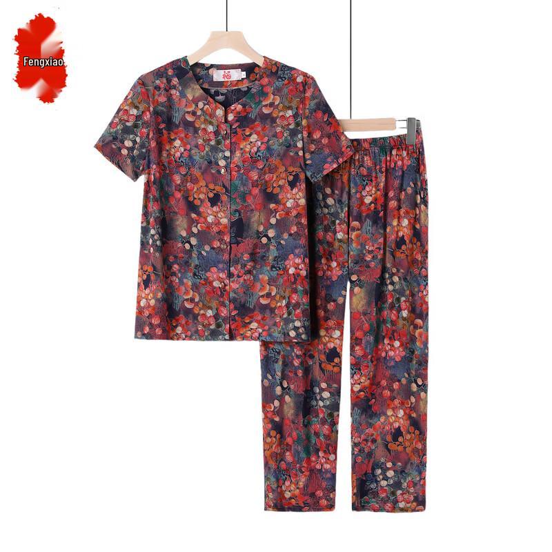 Elderly Women s Floral Print Cotton-Rayon Summer Set 2XL