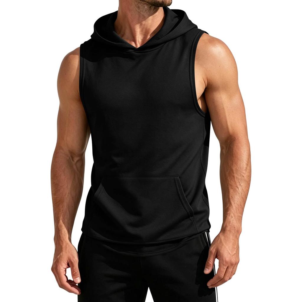 Men's Sleeveless Hoodie Lightweight Quick Dry Sports Vest with Front Pocket for Outdoor Running Gym Training
