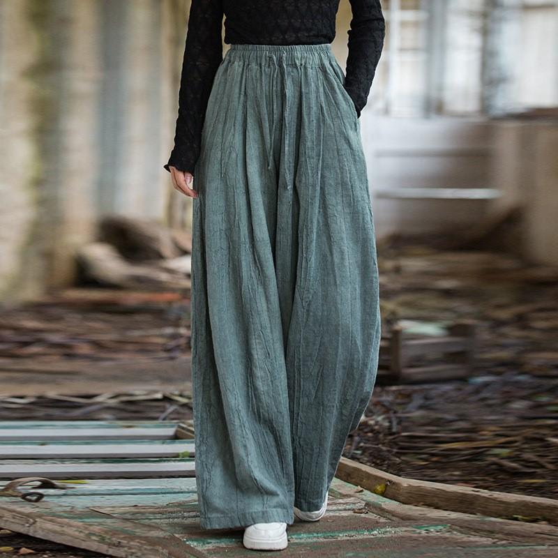 Johnature Pantalones casuales de pierna ancha para mujer, pantalones tie-dye de cintura elástica, otoño, bolsillos, cinturón, pantalones largos