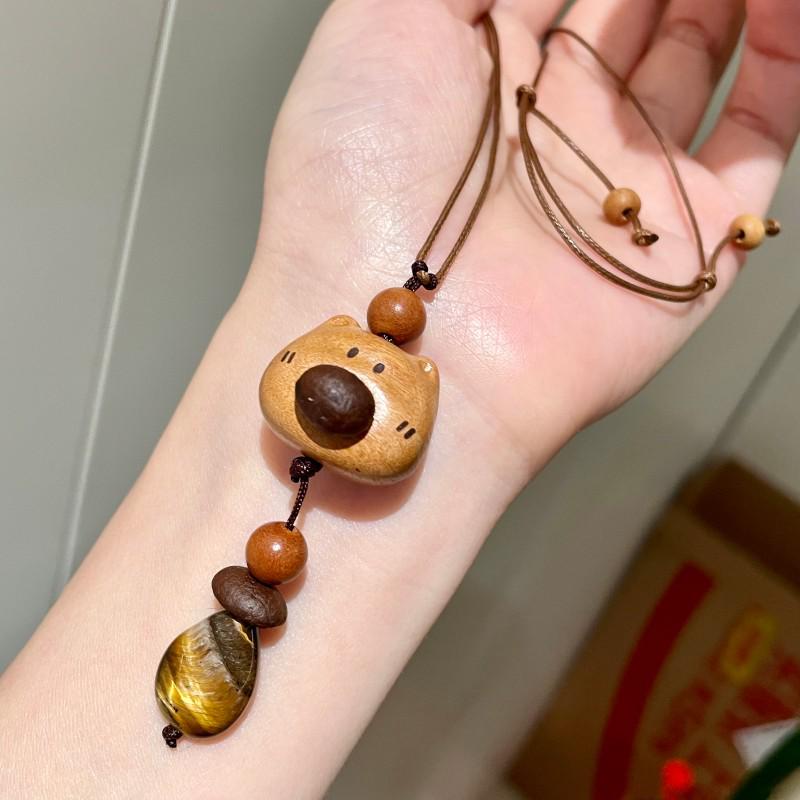 Tiger Eye Wooden Little Bear Dog Necklace: Women's Cute Beaded Sweater Chain for Autumn/Winter.