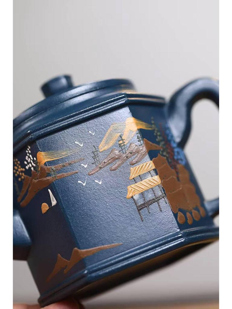 Authentic Yixing Zisha Palace Lantern Teapot: Aged Sky Blue Clay, Green Mountain Setting, High-End Tea Set