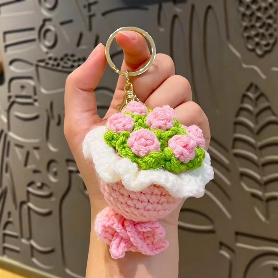 Hot Woolen Hand-Held Flower Sunflower Keychain Pendant Simulation Rose Handmade Crochet Ins Style Bag Hanging Accessory In Stock
