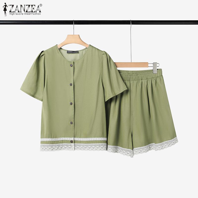 ZANZEA Women Short Sleeve Blouse and Shorts Summer Two Piece Suit Sets