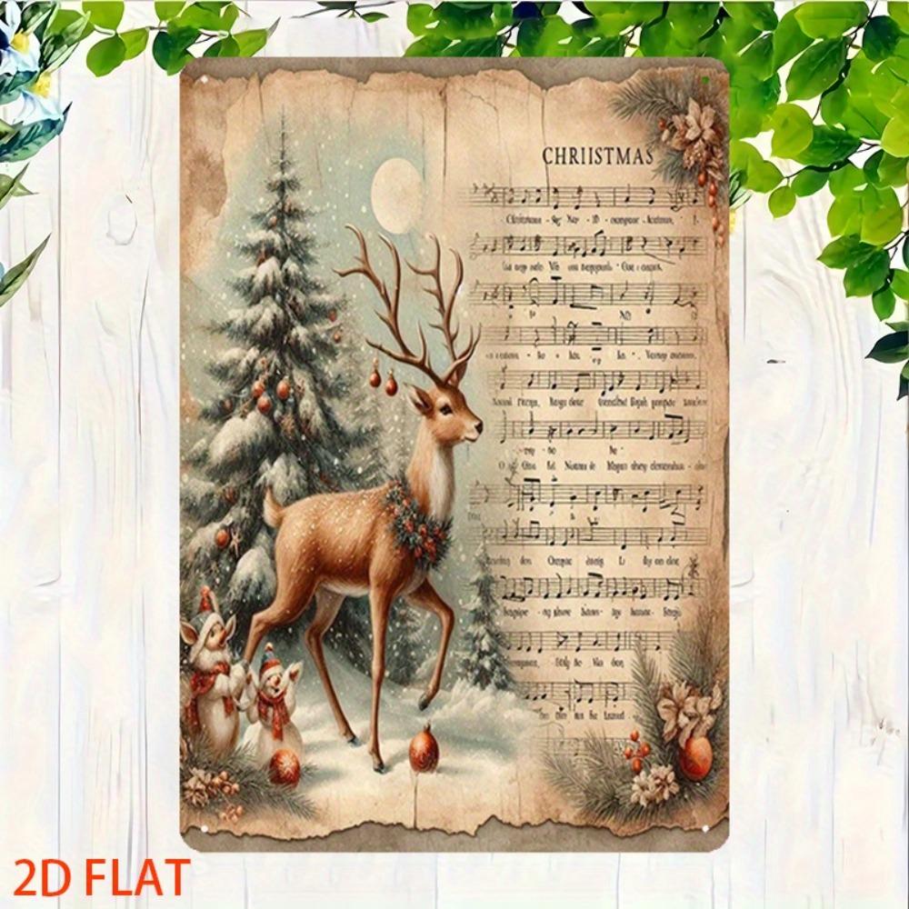 Vintage Christmas Music Sheet Wall Decor: 8x12in Iron Deer & Snowflake Sign, Easy To Hang