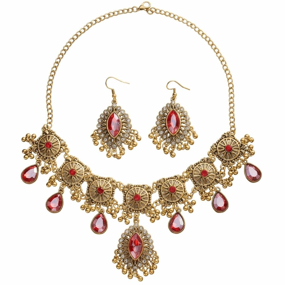 Metal Necklace Earrings Set Bohemia Style Ethnic Style Necklace Set Rhinestone Jewelry Set Women