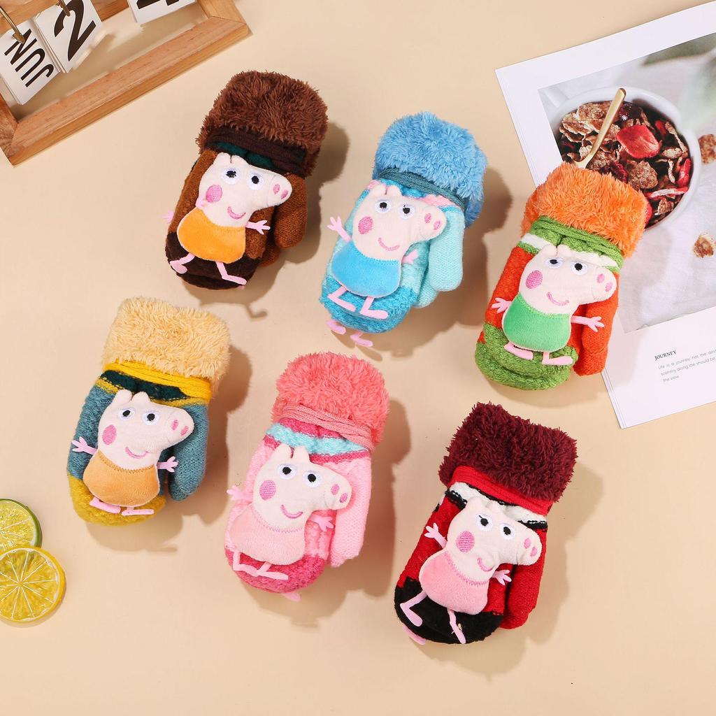 Cartoon Flip-Top Neck-Hanging Winter Gloves for Boys & Girls - Windproof, One-and-a-Half Layer Cycling Gloves