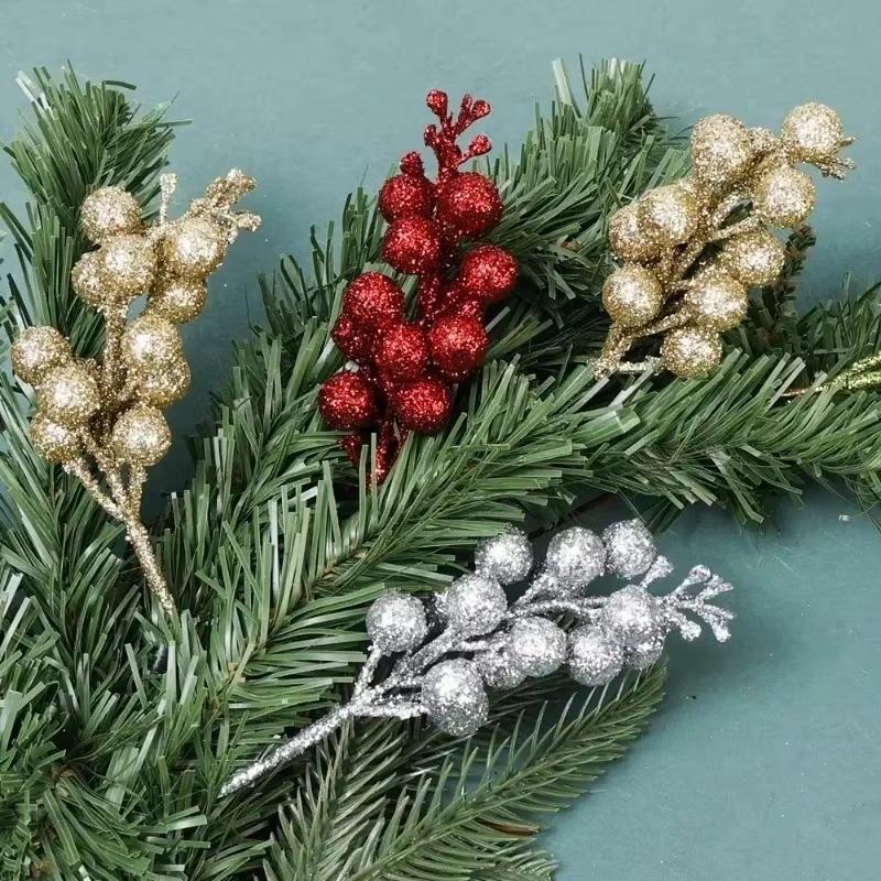 New Glitter Berries Branches Christmas Artificial Gold Powder Holly Berry Branch Xmas Party Fake Flowers Ornaments Home Decor