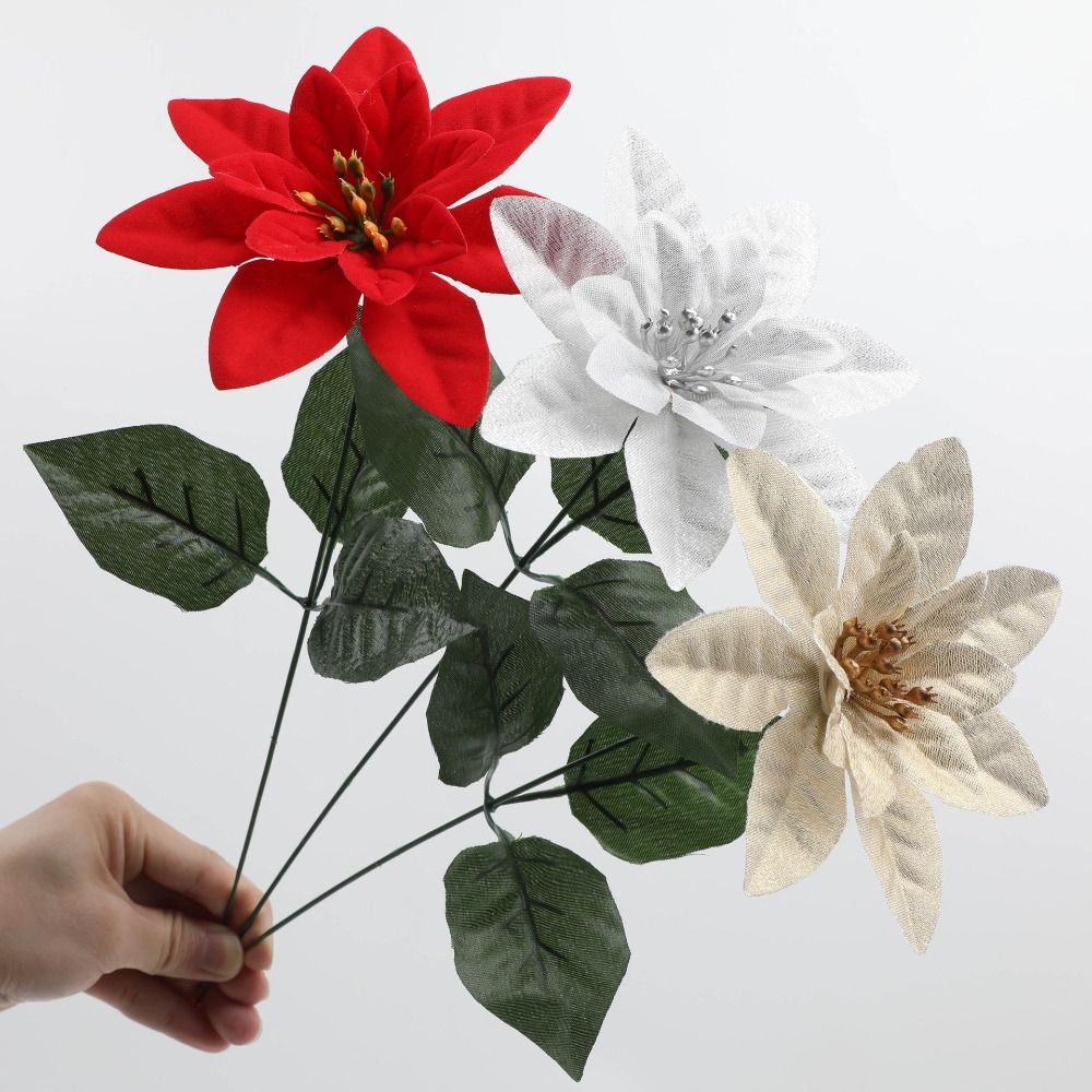 Red Color Christmas Flowers Bouquet Green Leaves Fake Flowers Decoration Christmas Tree Ornaments