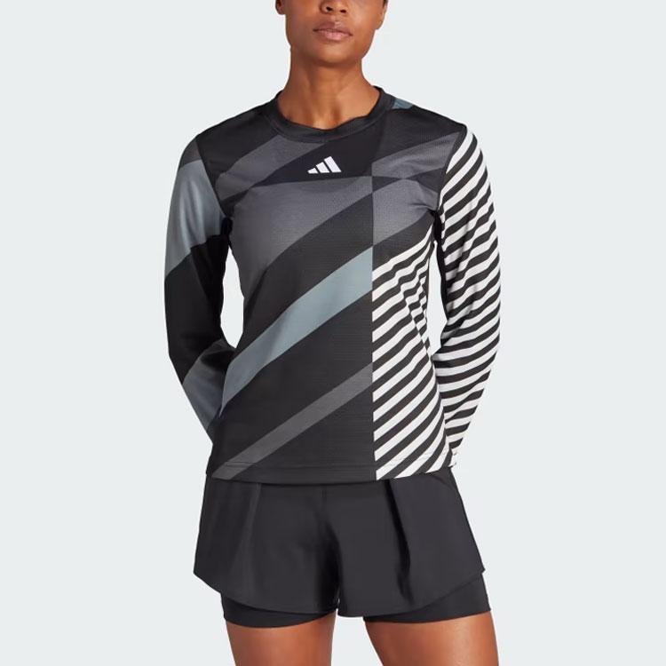 Adidas Tennis Heat.Rdy Pro 3/4 Sleeve Long Sleeve Top Striped Color Block Round Neck T-Shirt Women Tops Black IL9592