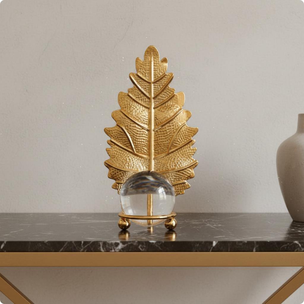 Crystal Ball Decor Elegant Luxury Desk Sculpture Gold Flower Ornament Gift Idea Leaf Sculpture Shiny Finish for Living Room