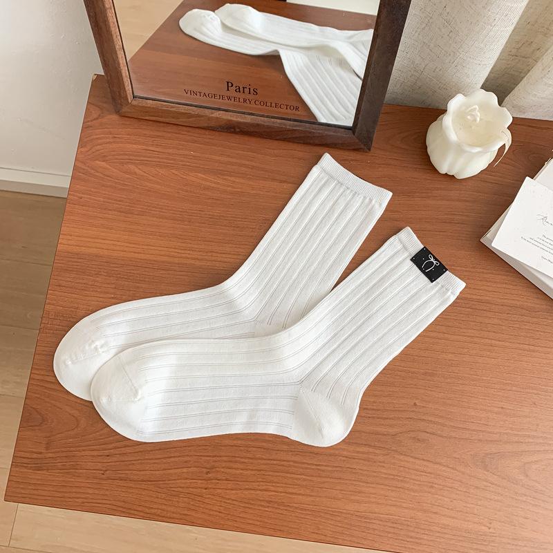 

5pair Small White Socks Women S Trendy Socks Spring And Summer Ultra-Thin Mesh Medium Tube Stacking Socks Striped Cloth Label Women S Socks One size fits all