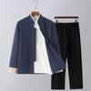 Herren Chinesischer Tang-Anzug: Frühlings-/Herbst-Baumwoll-Leinen-Set mit Froschknöpfen - Retro Mönch Teezeremonie Hanfu Robe.