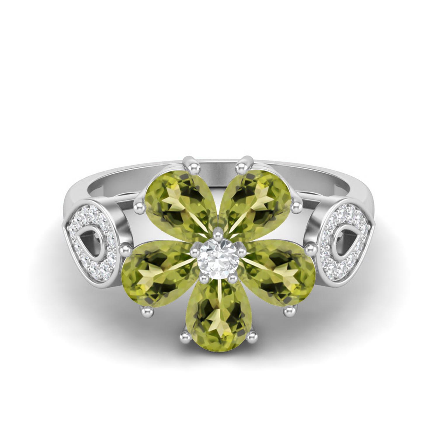 6X4mm Pear Shape Peridot 925 Sterling Silver Floral Art Deco Women Engagement Ring 9