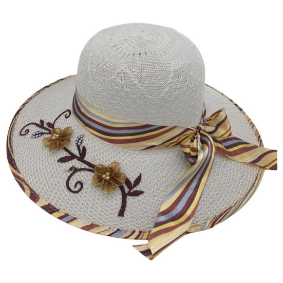 Ribbon Bowknot Decor Flower Stitching Sun Hat Foldable Wide Brim Floppy Straw Hat Costume Accessories