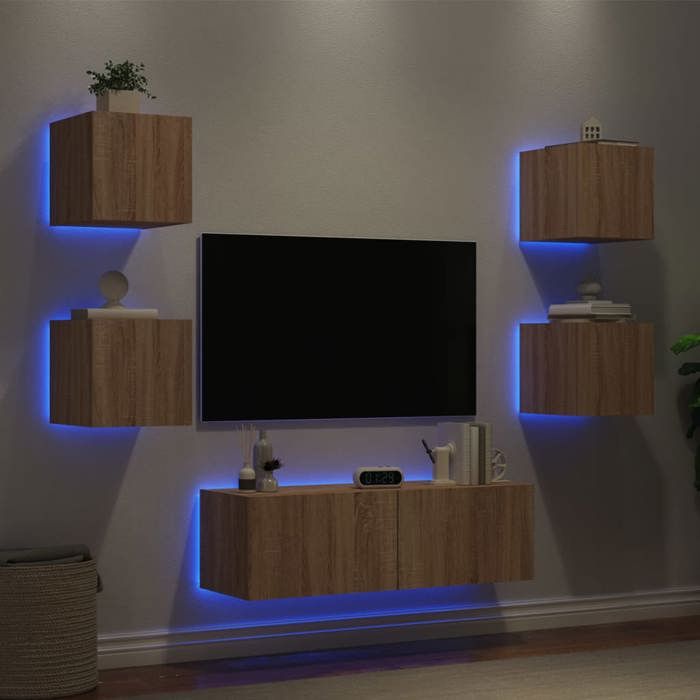 VidaXL Wall-Mounted TV Furniture with LED Lights 5 Pcs, Hanging TV Cabinets, Floating TV Furniture, Modern, Oak 3216862