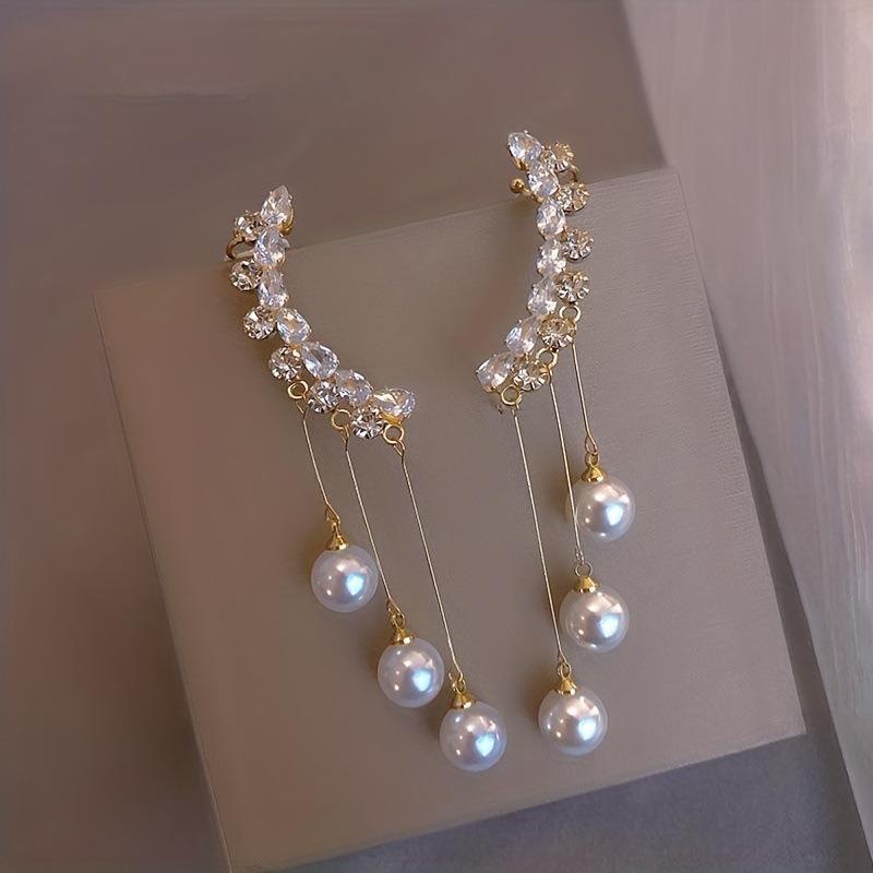 Korean Fashion Pearl Rhinestone Tassel Earrings
