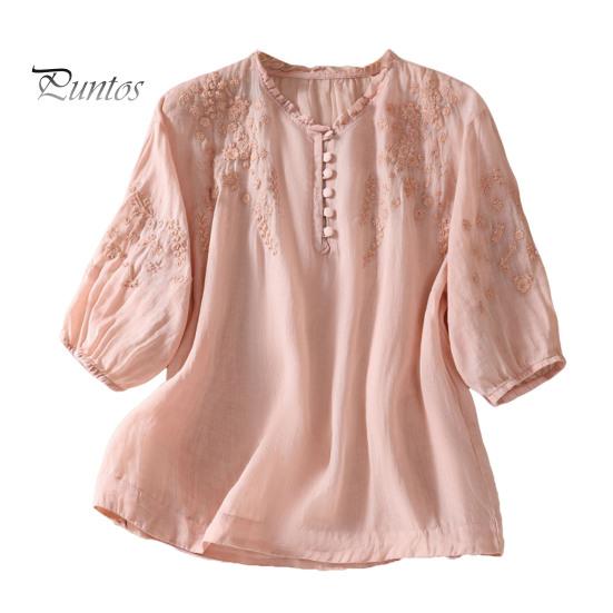 

Женская летняя рубашка с круглым вырезом и пуговицами, рубашка с коротким рукавом, топы, свободная рубашка с вышивкой и цветочным узором M розовый