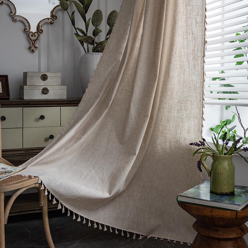 American Style Simple Solid Color Imitation Bamboo Knot Hemp Beige Tassel Bedroom Living Room Shading Insulation Window Curtain