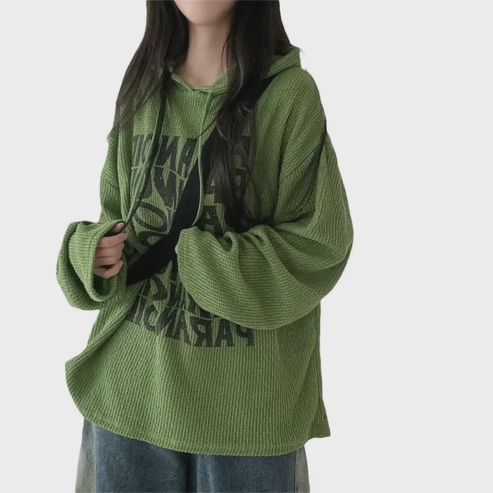 Women's Korean Style Waffle Hoodie - Casual Loose Fit, Autumn/Winter, Plus Velvet