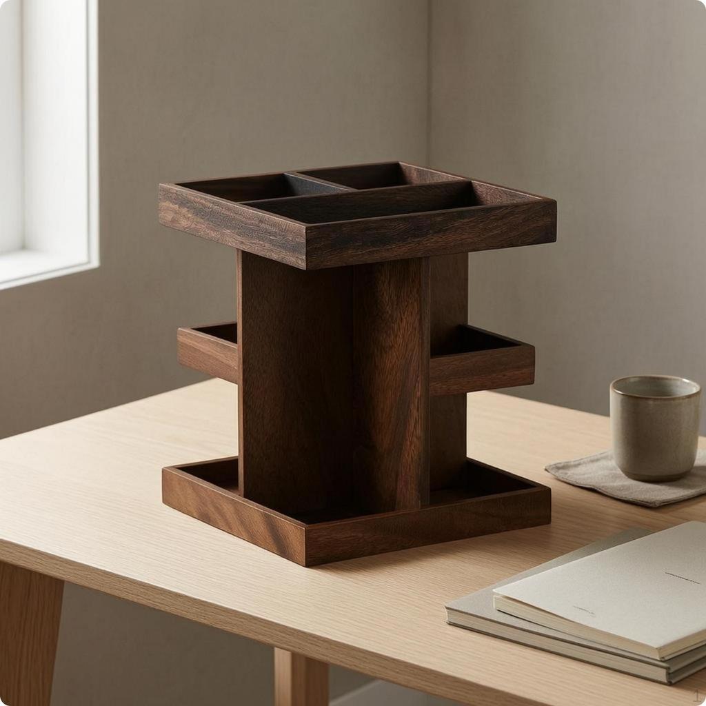 Multi Compartment Storage Rack Dark Brown Rotating Open Top Wood Desk Organizer