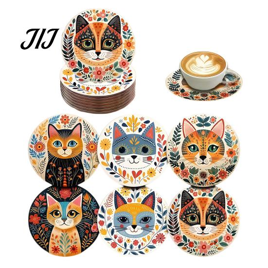 Heat Insulation Mats for Coffee Cups 6 Pcs Cute Cat Coasters, Thick Heat-Resistant Wood Coaster Tabletop Protection, Wooden Drink Coasters Table