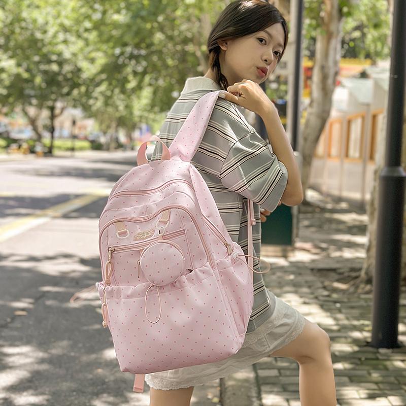 Women's Wave Point Print Backpack Junior High School Student Schoolbag Large Capacity Backpack with Coin Purse