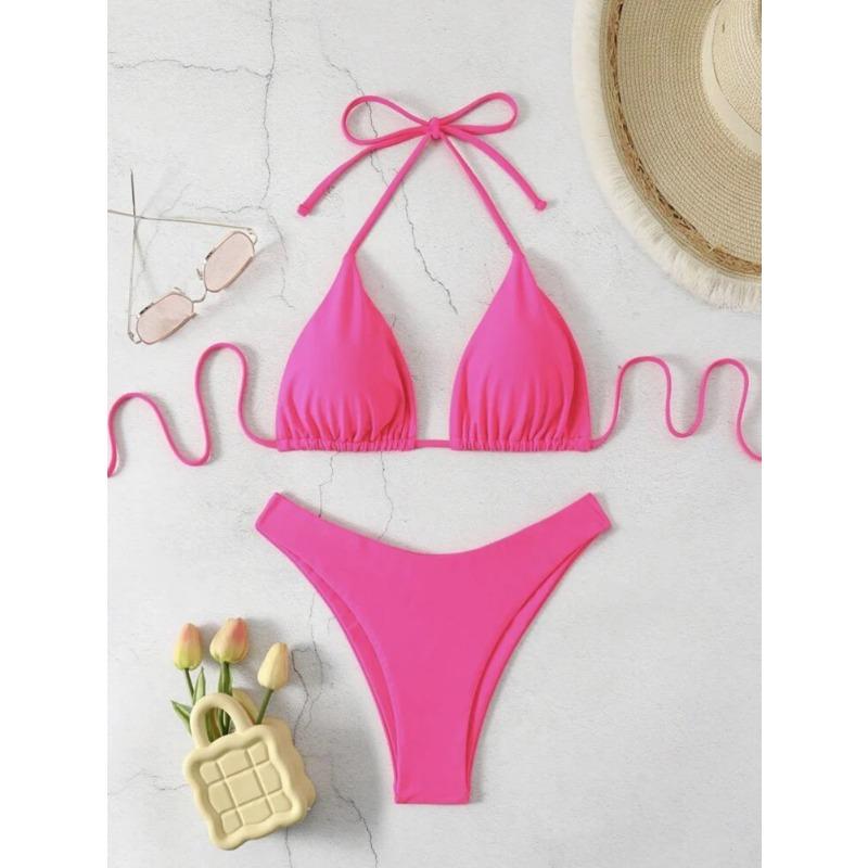 New Halter Bikini Women Solid Color Two-Piece Set Sexy Split Swimsuit Yellow Red Black Coffee White Pink Lace Up Bathing Suit