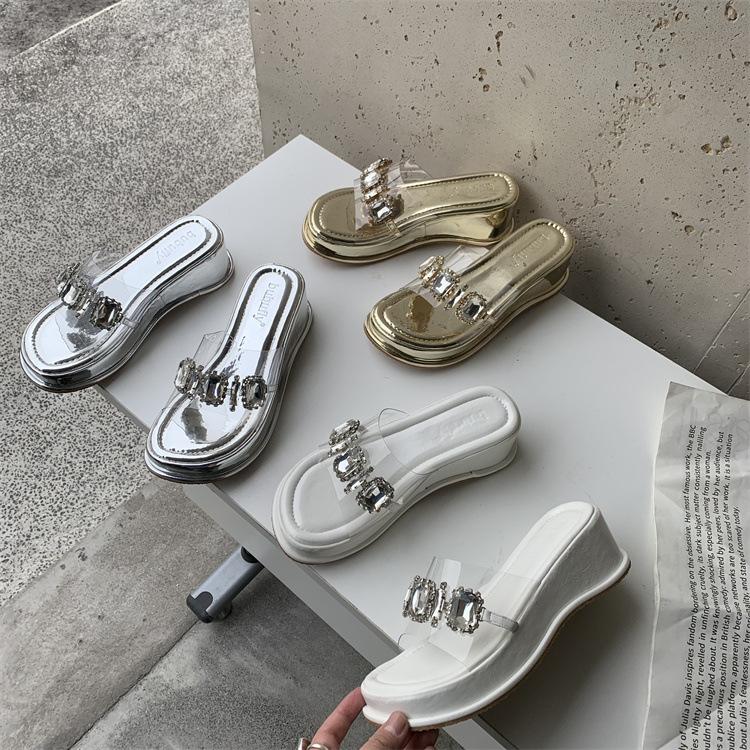 

Крутые шлепанцы на толстой подошве, полудраги, обувь феи, наклонный каблук, стразы, прозрачные ремешки, сандалии 39 белый