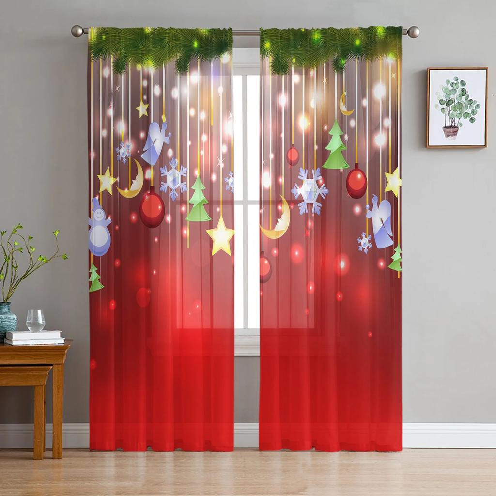 Christmas Balls Stars Snowflakes Chiffon Sheer Drapes for Living Room Bedroom Decoration Window S Curtain Curtain Panels