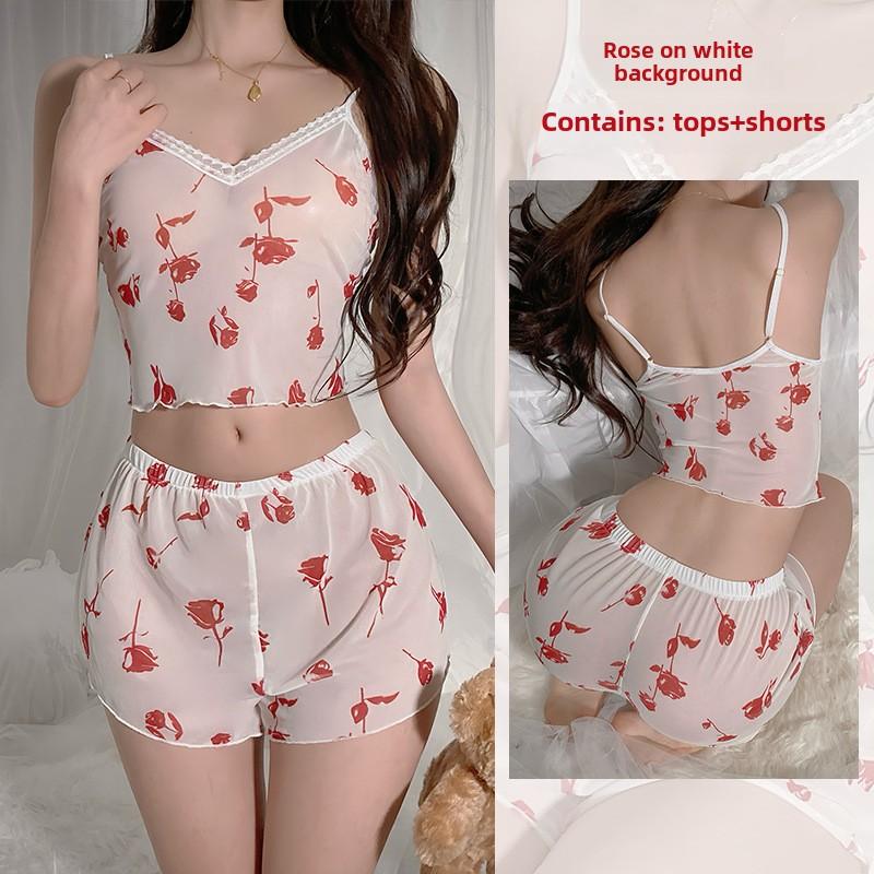 Mesh Pajamas Sexy Suspenders Shorts Cute Sexy Loungewear Set