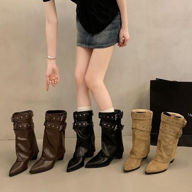 New Style Fashion Pointed Toe Women Western Ankle Boots Elegant Thick Heels Shoes Laides Belt Buckle Short Booties Zapatos Mujer