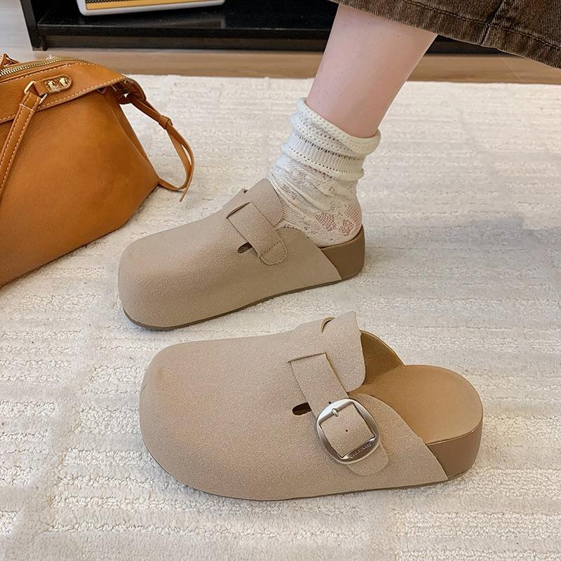 Fashion Flannelette Wrapped Slippers Autumn New Round Toe Deep Mouth Metal Belt Buckle Non-slip Platform Flats