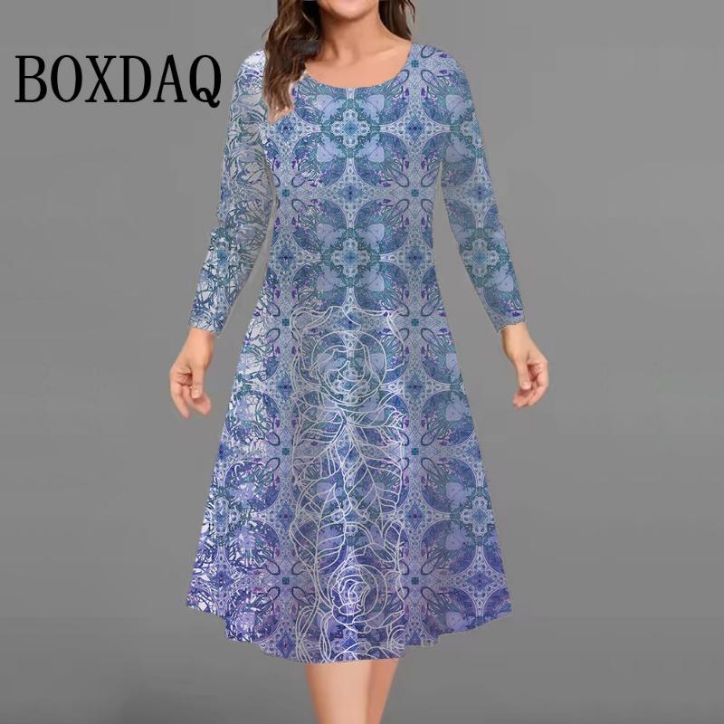 Fashion Elegant Women Dresses Autumn Winter Long Sleeve Loose Casual Flowers 3D Printed Dress Plus Size