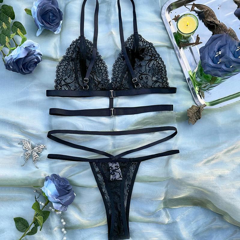 New sex underwear black lace bare chest strap bra + thong sexy three-point suit