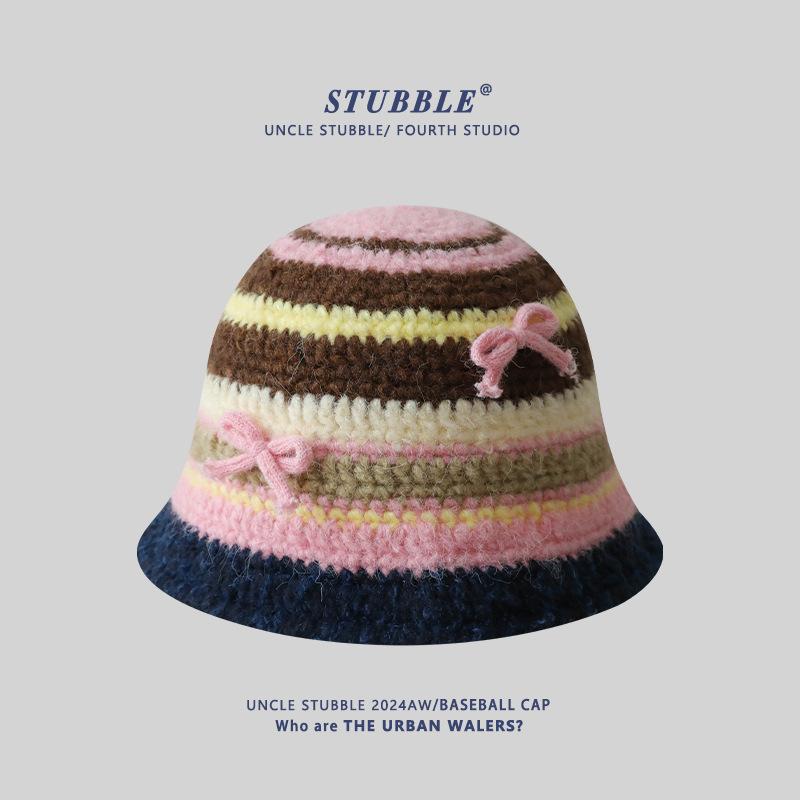 New Autumn and Winter Knitted Hat Korean Style Sweet and Cute Girls Contrasting Striped Woolen Hat Showing Face Small Warm Fisherman Hat