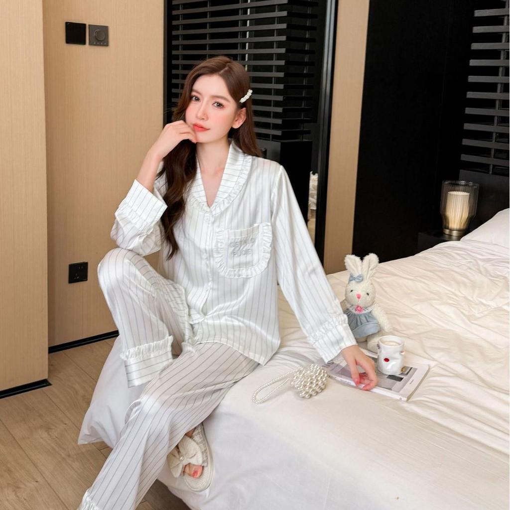 2025 Autumn Women's Casual Striped Pajamas: Loose, Simple Korean Style for In-Home or Outdoor Wear