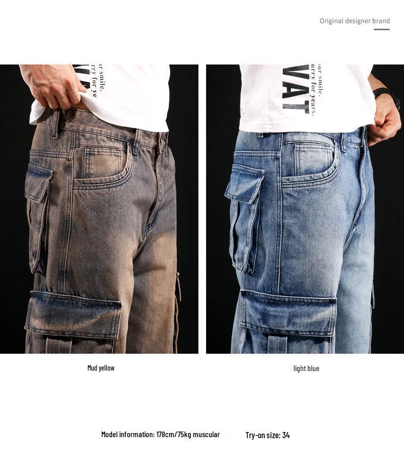 American Style Multi-Pocket Men's Wide-Leg Loose Workwear Jeans