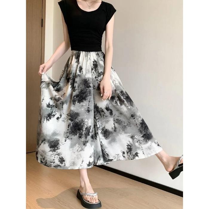 Damen Weitbein Hose Sommer Hohe Taille Tintenbedruckt Lässige Rockhose