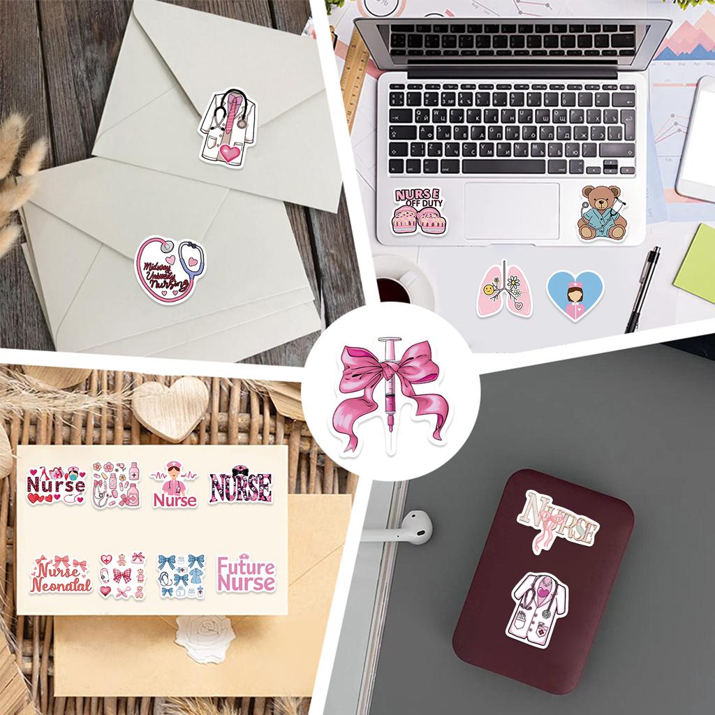 50 stuks Roze Strik Verpleegster Stickers Stethoscoop Naald DIY Decoratie voor Boek Envelop Telefoon Computer Leuke Doodle Stickers