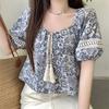 Vintage Ethnic Style Lace-up Square Collar Floral Shirts Women Summer New Loose Puff Sleeve Blouse Woman Elegant Fashion Slim Fit Ladies Shirt 26130