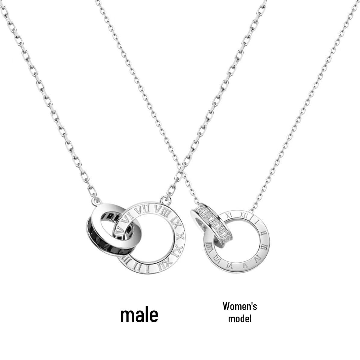 S999 Sterling Silver Time Lovers Couples Necklace, Light Luxury Double Ring Design, Pure Silver Clavicle Chain, Birthday Gift for Couples S925 Sterling Silver - Women s Necklace серебряный