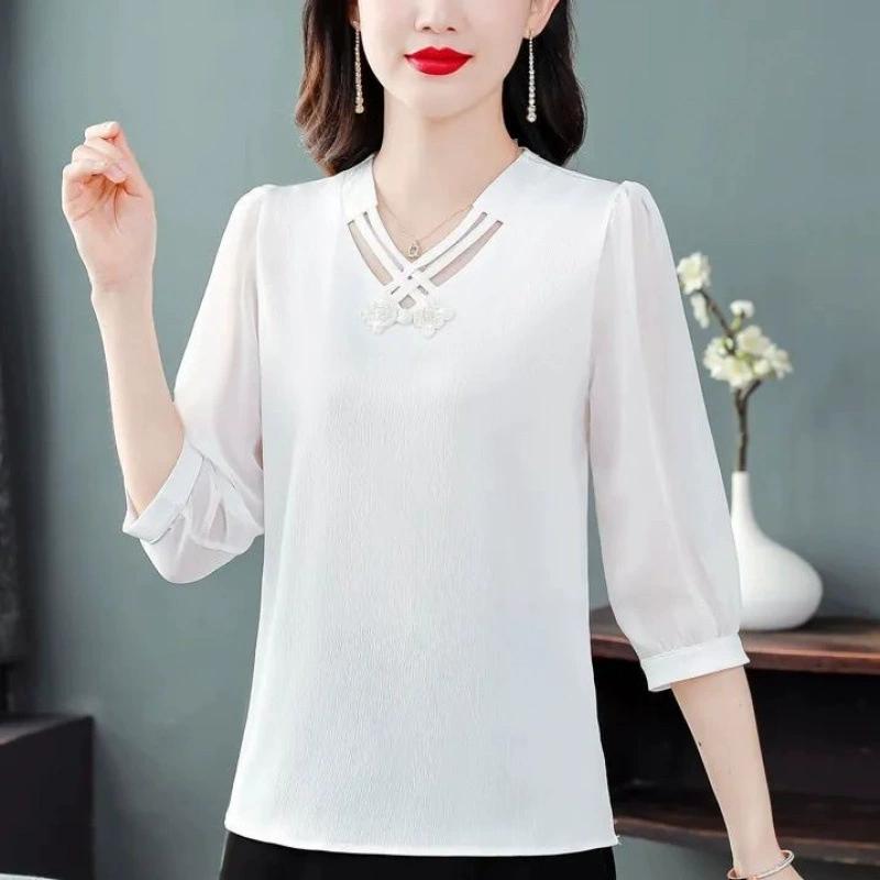 Einfarbiges Chiffonhemd für Damen, neues Sommeroberteil mit V-Ausschnitt, Siebenviertelärmel, vielseitige Pullover, Chiffonbluse