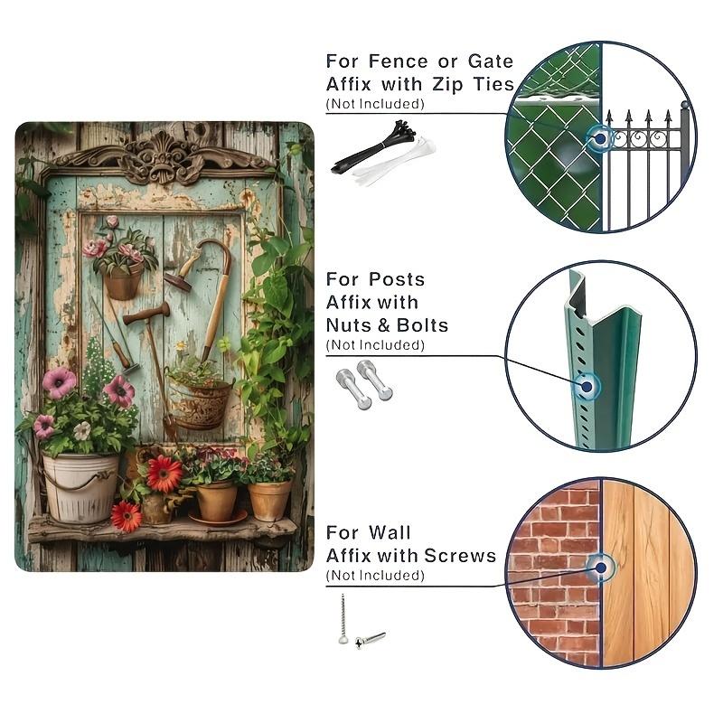 Vintage Floral Metal Tin Sign,Rust-Proof & Waterproof Iron Wall Art, Rustic Garden Scene with Gardening Tools Library Decor