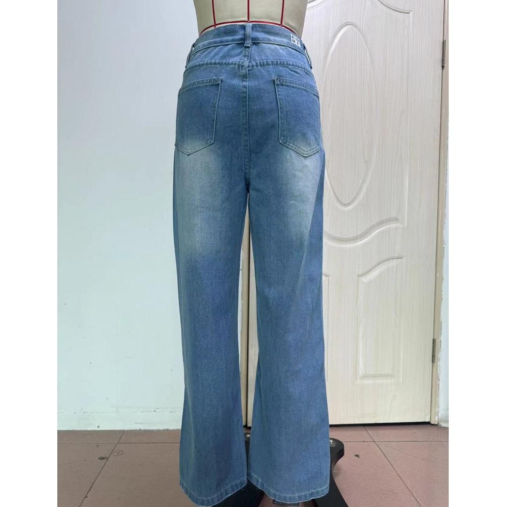 Women Vintage Washed Denim Jeans Middle Waist Wide Leg Pants Ladies Casual Full Length Baggy Jean Trousers