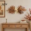 Indoor Outdoor Autumn Wreath 23.6" Artificial Olive Wreath, Faux Fall Leaf Teardrop Swag, Door Hanger for Front with Burlap Bow Thanksgiving