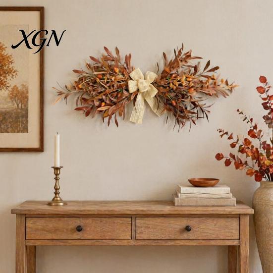 Indoor Outdoor Autumn Wreath 23.6" Artificial Olive Wreath, Faux Fall Leaf Teardrop Swag, Door Hanger for Front with Burlap Bow Thanksgiving