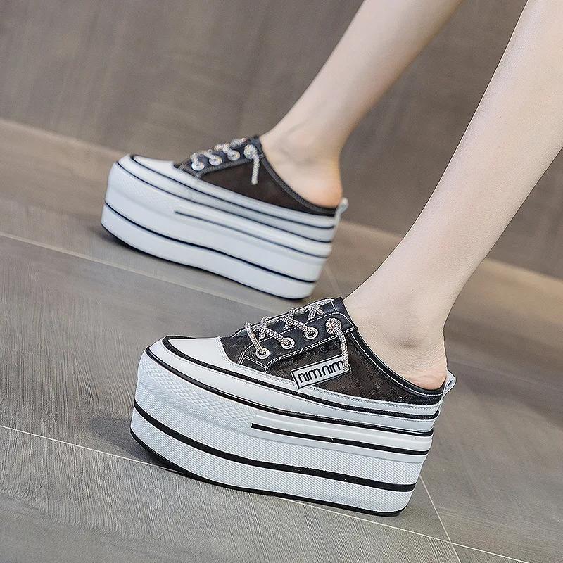 Fashion Genuine Leather 11cm Platform Slippers Wedge Shoes Summer Women High Heel Slip on Slides Sandals Women Summer Shoes 2024
