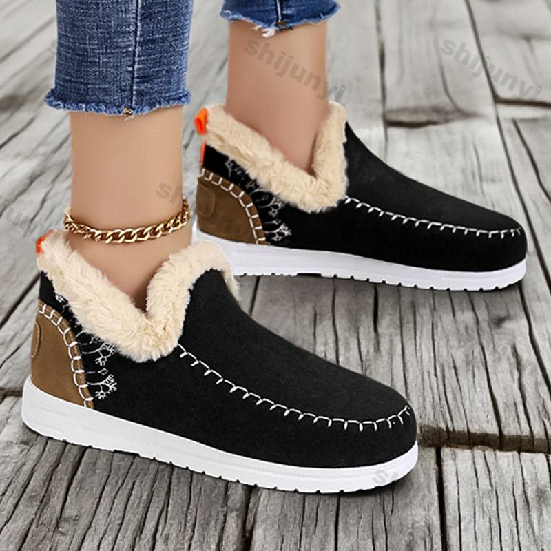 Women's Cotton Shoes 2025 Winter New Plush Thicken Outdoor Non Slip Snow Boots Comfortable Fashion Sewing Vintage Slip On Flats