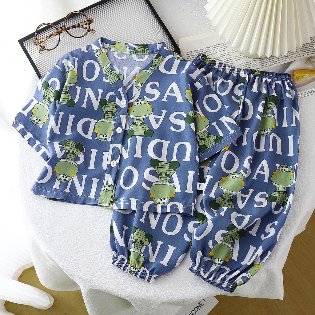 Children's Home Clothes Cotton Silk Set Summer Men's and Women's Pajamas Artificial Cotton Two Piece Set Cotton Silk Air Conditioning Clothes