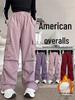 Autumn/Winter Girls' Fleece-Lined Cargo Pants: Trendy American Hip Hop Style for Medium/Large Kids